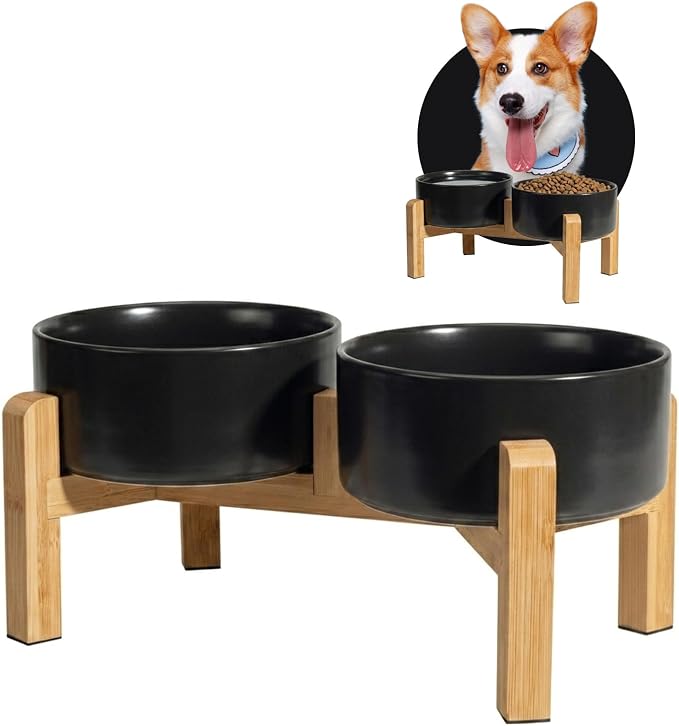 Elevated Ceramic Dog Bowl Set - Raised Dog Bowls with Non-Slip Bamboo Stand - Dog Food and Water Bowl Set - Double Dog Feeding Bowls - Suitable for Small and Medium Dogs - 28.74 OZ - 3.6 CUPS - 850 ML