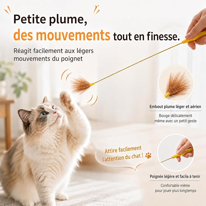Mini Cat Wand Toy Set - Fast Motion Interactive Cat Teaser, Small Feather & Flowing Feather Tips, Flexible Wire Wand for Indoor Cats, Close-Range Play, 2 Pack