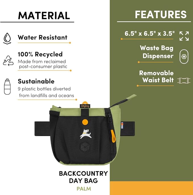 Backcountry Day Bag | Dog Training Treat Pouch | Eco-Friendly Recycled Fabric Fanny Pack with Zipper Closure, Built-in Poop Bag Dispenser & Adjustable Waist Belt (Palm)