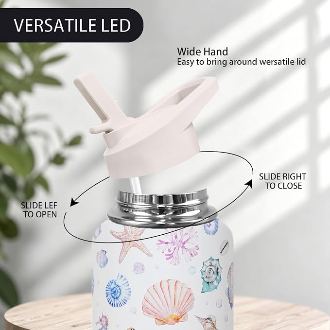 32oz Rainbow Seashells Stainless Steel Insulated Water Bottle with Straw, Beach Ocean Sports Coffee Travel Mug, Coastal Themed Gifts for Women Seashell Decor Accessories