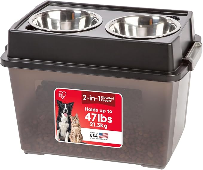 IRIS USA 2-in-1 Elevated Dog Bowls 6" H with Airtight Pet Food Storage Container Holds Up to 47 Lbs, Removable 4 Thick 16 oz Stainless Steel Bowls, at Home or Camping Pet Dish Bowl Set, Smoke/Black