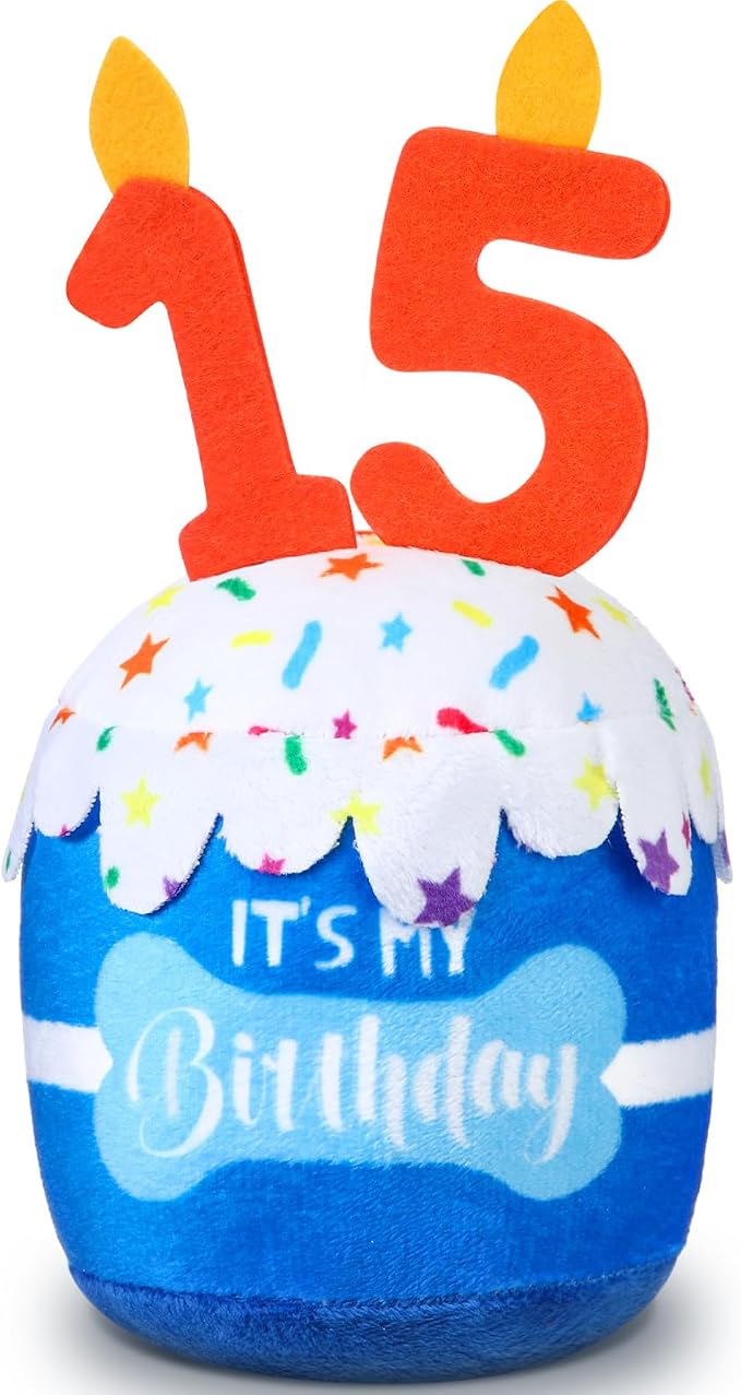 Dansydaisy Dog Birthday Cake Toy Squeaky Plush Toy for Girl Boy Gifts, Chew Accessories for Dog Birthday Party Decor Favor for Large, Medium and Small Dogs(15th,Blue)