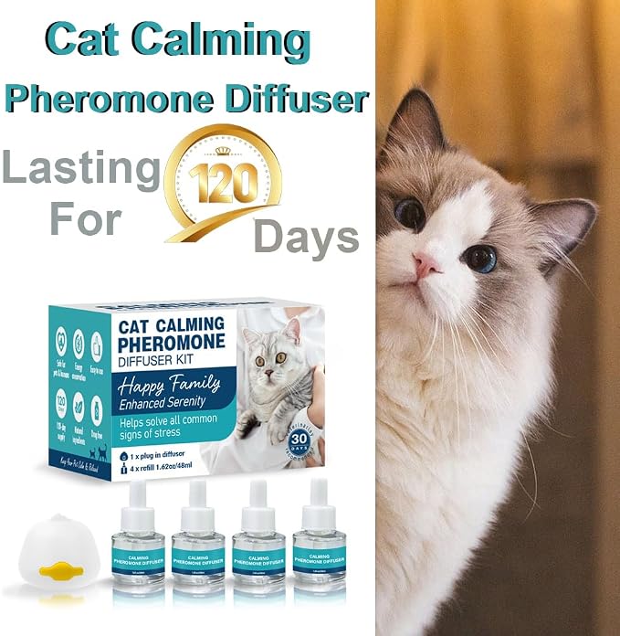 Cat Pheromone Calming Diffuser Refill, 1 Diffuser 4 Refill, 192ML/120 Days | Help Reduce Unwanted Behaviors, Deter Spraying, Scratching & Cat Fighting, Universal Diffusers Plug-in