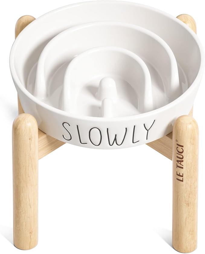 LE TAUCI PET Ceramic Slow Feeder Dog Bowls Elevated, 3 Cups Raised Dog Bowl with Wooden Stand for Medium Large Breed to Slow Down Eating, Puzzle Food Bowl,White