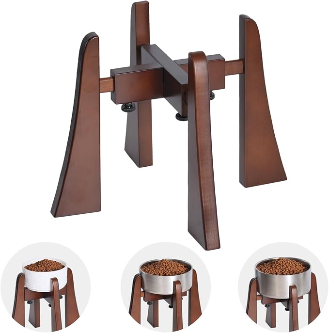Solid Wood Elevated Dog Bowl Stand with Adjustable Width, 10-Inch Raised | Fits 6.3-7.8 Inch Dog Food & Water Bowls, Non-Slip Base, Ergonomic Design for Corgis, Beagles, Medium Breeds, Stand Only