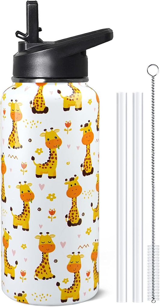 32oz Giraffe Stainless Insulated Aater Water Bottle with Straw,Giraffe Gym Hiking Sports Coffee Mug Cup Water Bottles,Giraffe Gifts for Women,Giraffe Decor Stuff Accessories