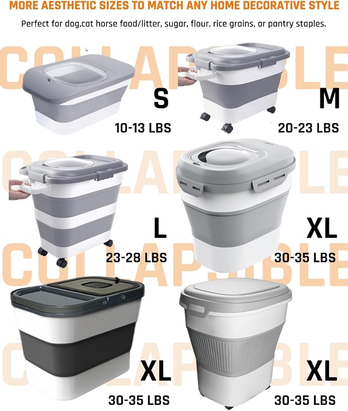 28-30lbs Collapsible Dog Food Storage Container,Airtight Dog Food Container | Pet Food Storage Container with Double Seal Lid,Wheels,Multifunctional for Dog,Cat,Rice,Flour,Scoop &Small Container