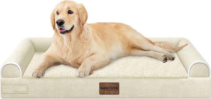 NANUYA Orthopedic Dog Bed for Large Dogs, 36 x 27 Inch, Beige | Egg crate foam for joint support, 3-sided bolster pet sofa, waterproof lining, washable cover, and non-skid base