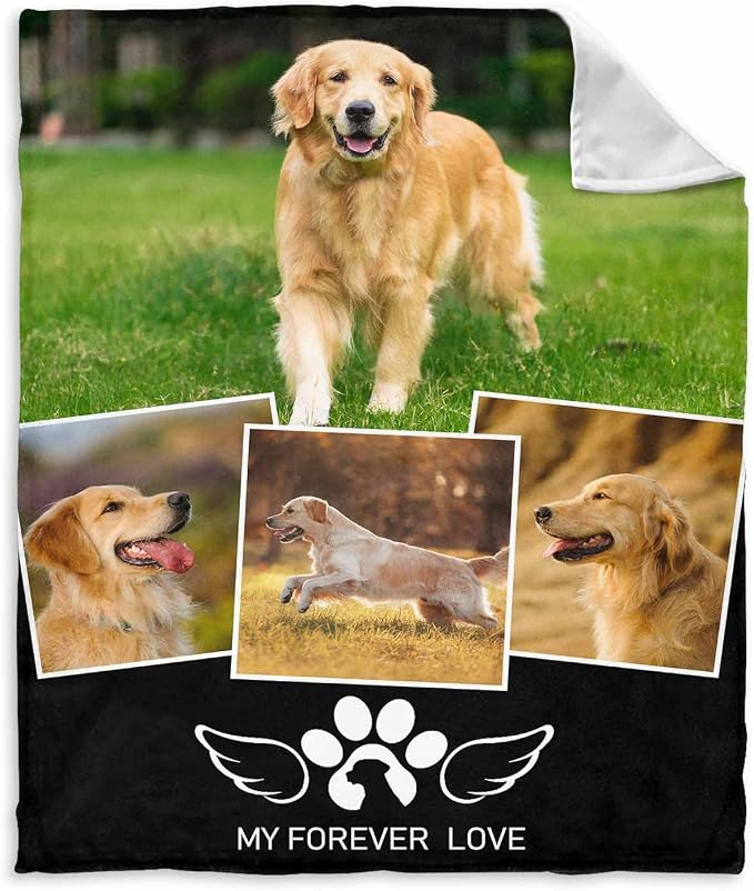 InterestPrint Custom Memorial Fleece Blanket with Dog Cat Photo My Forever Love Angle Wings Blanket Personalized Pet Sympathy Remembrance Gift for Kids Family Friends 40X50 Inch