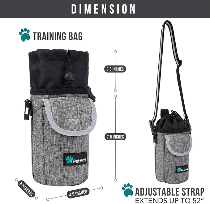 PetAmi Dog Treat Pouch, Large Hands-Free Training Bag, Gray | Built-In Poop Bag Dispenser, Holds 3 Cups Of Treats, 4 Ways to Wear, D-Ring, Reflective Strap, Dog Treat Bag for Walking