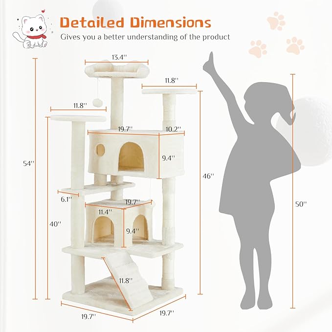 Sweetcrispy 54-inch Cat Tree Tower with Scratching Posts, Indoor Use | Multi-Level Indoor Cat Tree Condo with Climbing Ladder, Plush Toy, Play House for Kitten, Beige