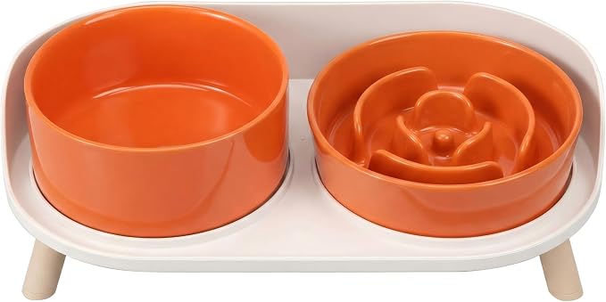 Elevated Slow Feeder Dog Bowls - Ceramic Food and Water Bowl Set with Stand - Raised Pet Dishes for Small and Medium Sized Dogs