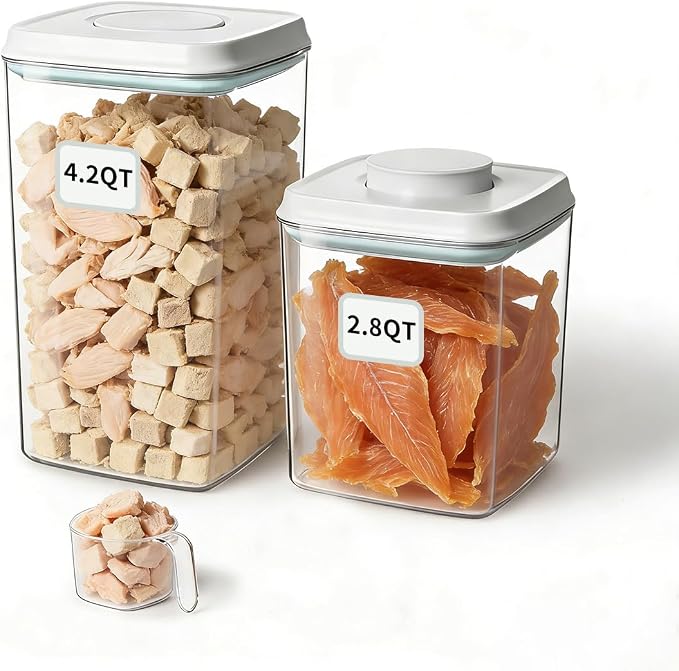 Dog Food Storage System with One-Touch Lid & Scoop, Mixed Size Set (2.8 QT / 2.65 L & 4.2 QT / 4.0 L) Cat Food Storage Container，Stackable Durable PET for Kibble, Treats & Complete Feeding
