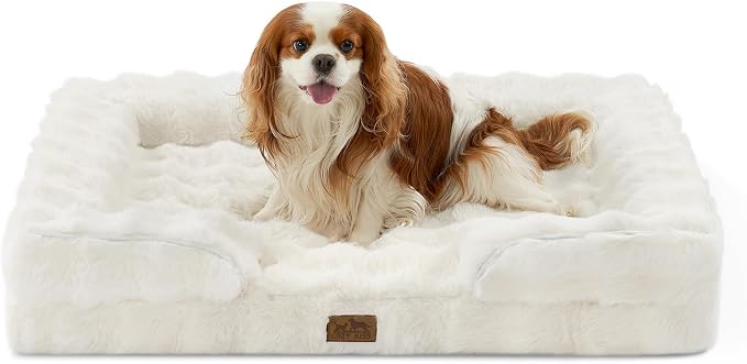 COZY KISS Orthopedic Dog Bed for Large Medium Size Dog, Soft and Warm Faux Fur Sofa for Pet Up to 75 lbs, Foam Bolster Anti-Slip Couch with Washable Removable Cover, L 36x27x6.5 inch, Beige