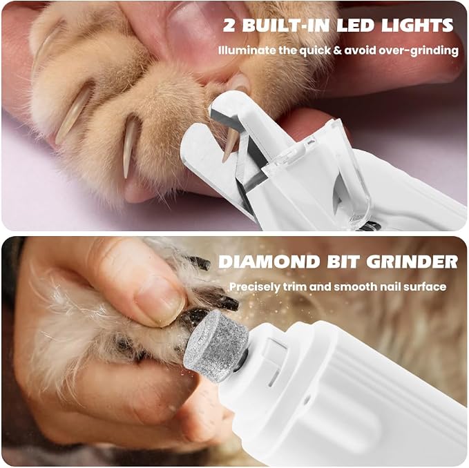2-in-1 Dog Nail Grinder & Dog Nail Clippers Trimmers, Dogs Trimmer with LED Light + Splash Guard + Storage Case, Pet Claw Clippers for Dogs Cats, USB Rechargeable (White)