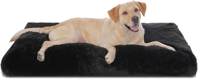 Bedfolks Waterproof Dog Crate Bed, Plush Large Dog Pad, 41"x27", Black | Faux Fur Plush Cover, Zippered Removable Washable Outer, Waterproof Inner Lining, Non-Slip Base, Crate Pad and Dog Pillow