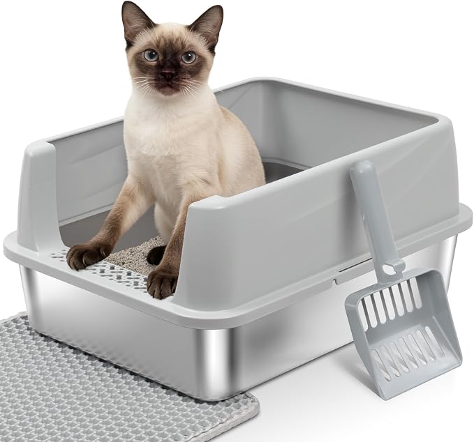 Stainless Steel Litter Box with Lid,Low Entry Cat Litter Box | Metal Kitty Litter Box for Small to Medium Cats,Non-Stick,Anti-Leakage,Easy to Clean,Include Scoop and Mat