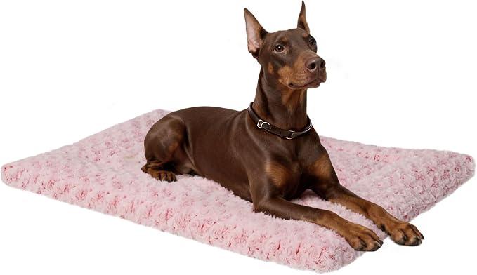 Exsnugy Washable Dog Bed Mat Large Size Fluffy Pet Crate Pad 48x30 XXL | Non-Slip Bottom Kennel Beds Ultra Soft Comfy Sleeping Mattress for Large Medium Small Dogs Pink
