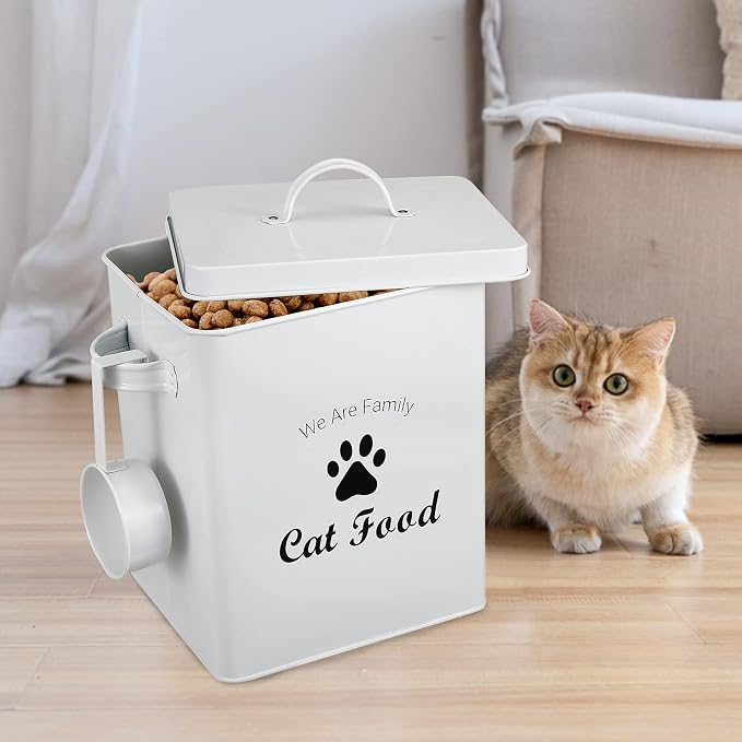 Geyecete Pet Treat and Food Storage Tin with Lid - 5lbs Capacity - Serving Scoop Included … -CAT