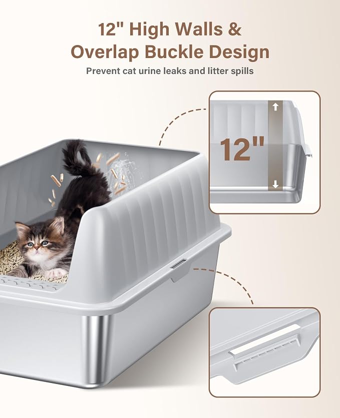 Stainless Steel Cat Litter Box XL with Lid, Enclosed Metal Extra Large Litter Box Pan High Sided with Scoop for Big Cats, Non-Sticky, Anti-Urine Leakage, Easy Cleaning (Light Gray, Large)