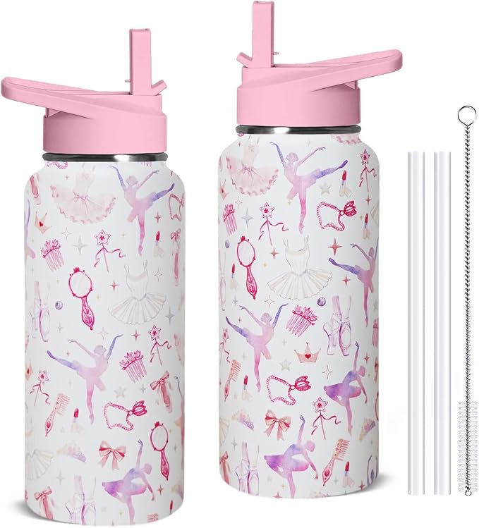 32oz Ballet Stainless Steel Insulated Water Bottle with Straw, Dance Themed Sports Coffee Travel Mug, Ballet Gifts for Women Girls Dancer Dance Decor Accessories