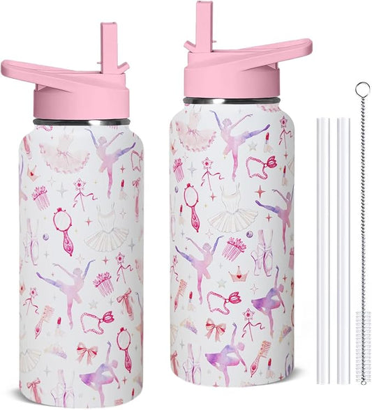 32oz Ballet Stainless Steel Insulated Water Bottle with Straw, Dance Themed Sports Coffee Travel Mug, Ballet Gifts for Women Girls Dancer Dance Decor Accessories