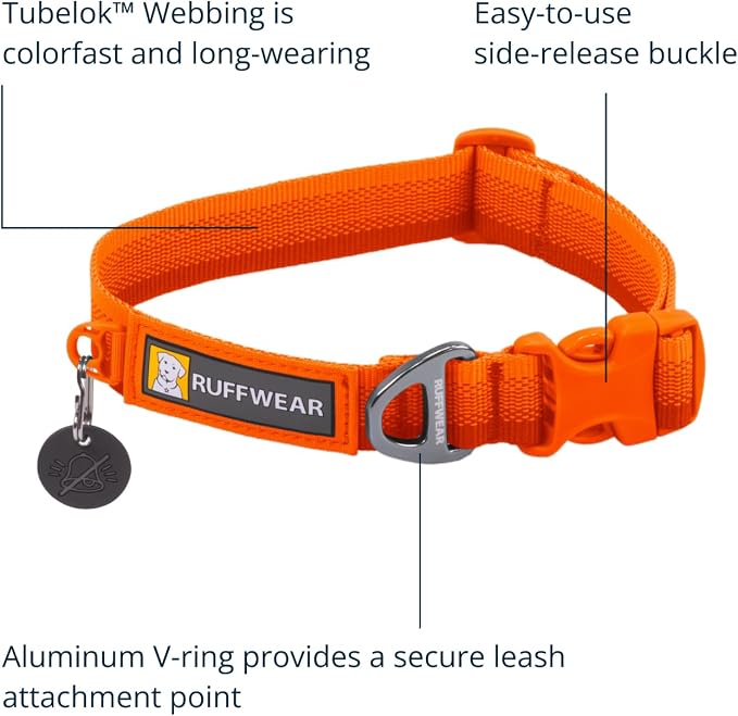 Ruffwear, Front Range Dog Collar, Adjustable Tubelok Webbing, Lightweight, Side Release Buckle, Aluminum V-Ring, Durable for Everyday Use, Blaze Orange, 11"-14"