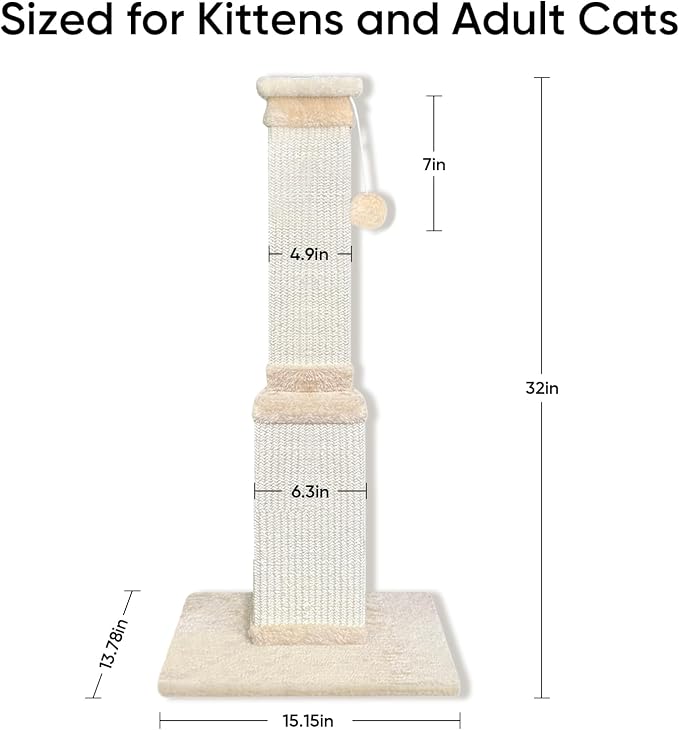 Cat Scratching Post for Large Cats, Cat Scratcher for Indoor Cats Adults, Sturdy Sisal Scratch Post to Protect Furniture, 32 Inch, Beige