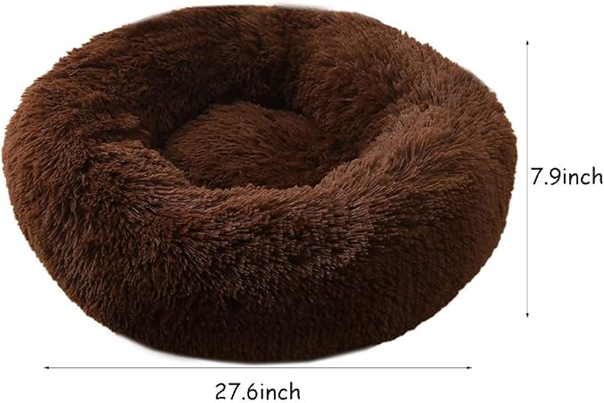 Faux Fur Dog Bed, Shag Round Anti-Anxiety Pet Calming Doughnut Cuddler for Medium Large Puppy Dog Cat Kennel Cushion Self Warming Bed (28'' D x 8'' H, Chocolate)