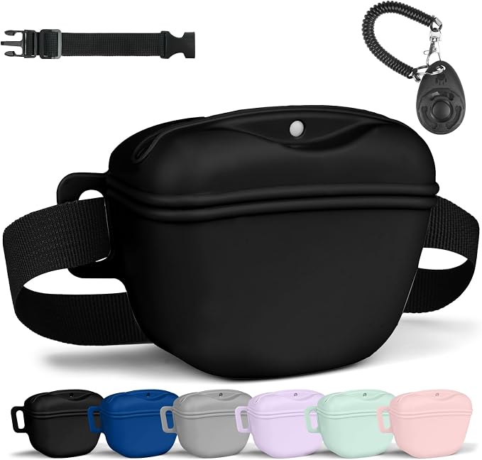AOMIG Dog Treat Pouch with Training Clicker, 1.67 Cup Silicone Dog Treat Bag with Stronger Magnetic Closure, Portable Pouches for Pet Training Walking Premium Fanny Pack with Waist Belt(Black)
