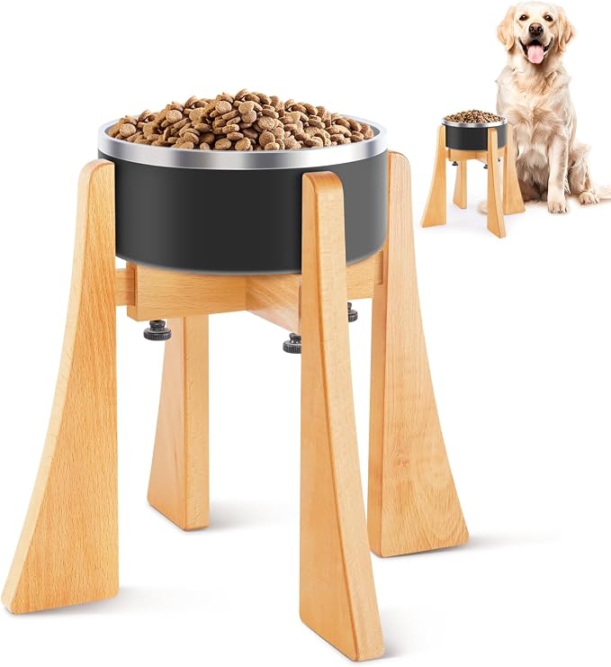 Wooden Elevated Dog Stand Set with Bowl, Raised 12" Tall Adjustable Width | Fits 7.1-9.4 Inch Dog Bowls, Stainless Steel Bowl for Food Water, Neck Protection Design for Medium Breed, Senior Dogs
