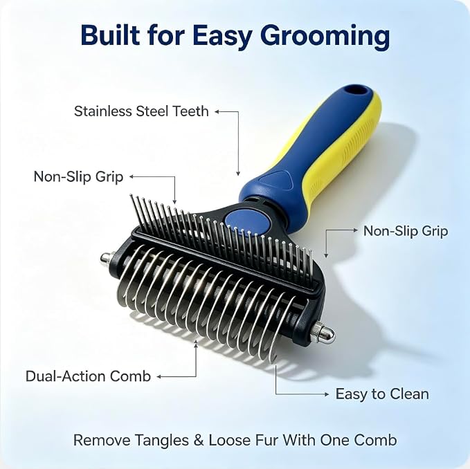 2-in-1 Pet Grooming Comb, Undercoat Rake & Deshedding Brush for Dogs&Cats | Safely remove loose undercoat & mats . reduces shedding by 95% without hurting skin. Ideal for medium & long hair pets，blue
