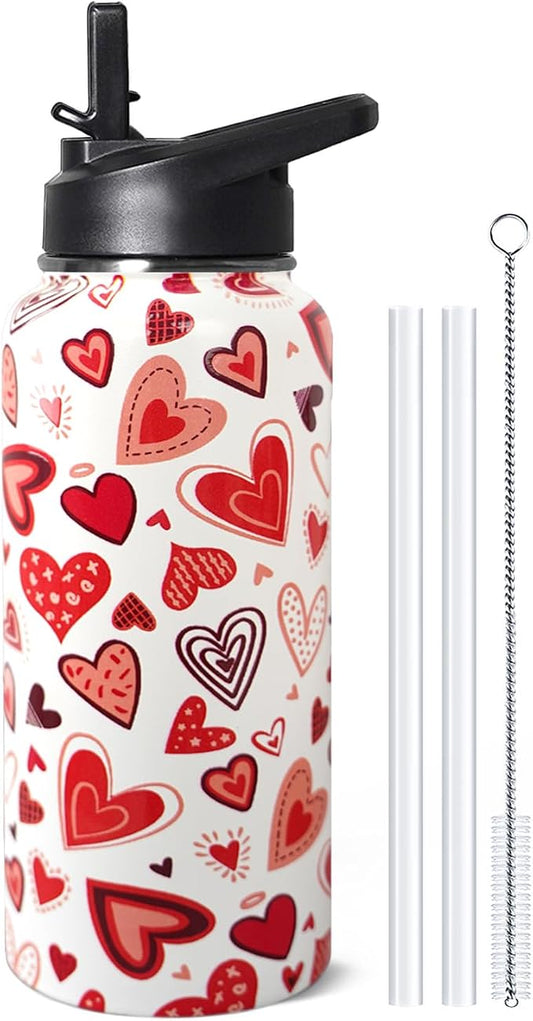 32oz Valentine Insulated Aater Water Bottle with Straw,Pink Gym Hiking Sports Coffee Mug Cup Water Bottles,Valentine Gifts for Women,Valentine Decor Stuff Accessories