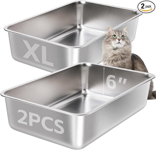 Stainless Steel Litter Box 2 Pack-XLarge Metal Litter Box-High Sided Cat LitterBox for Adult Big Cats, Stainless Steel Cat LitterBoxe 6IN Deep- Easy to Clean,Non Stick, No Smell