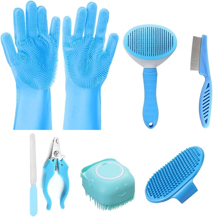 8PCS Dog Bath Supplies Set，Dog Washing Gloves，Shampoo Brush, Bath Supplies Set，Shedding Slicker Brush，Complete Pet Grooming Kit for Dog&Cat and Small Animal Grooming(8PCS-Bath-Blue)