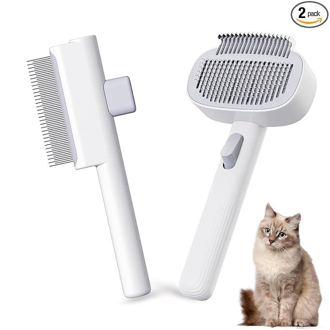 Pet Grooming Combo with Release Button - 2-in-1 Pet Detangling Brush and Cat Dematting Comb with Long & Short Stainless Steel Metal Teeth Easy to Remove Loose Undercoat,Matted Fur & Tangles