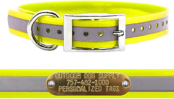 Outdoor Dog Supply 1" Heavy Duty Reflective Waterproof D-Ring Dog Collar for Medium & Large Dogs with 3/4" Custom Brass Nameplate (Reflective Yellow, 21")