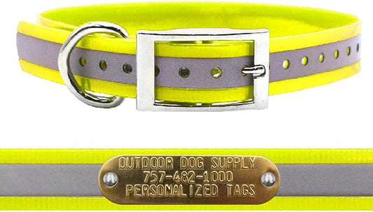 Outdoor Dog Supply 1" Heavy Duty Reflective Waterproof D-Ring Dog Collar for Medium & Large Dogs with 3/4" Custom Brass Nameplate (Reflective Yellow, 21")