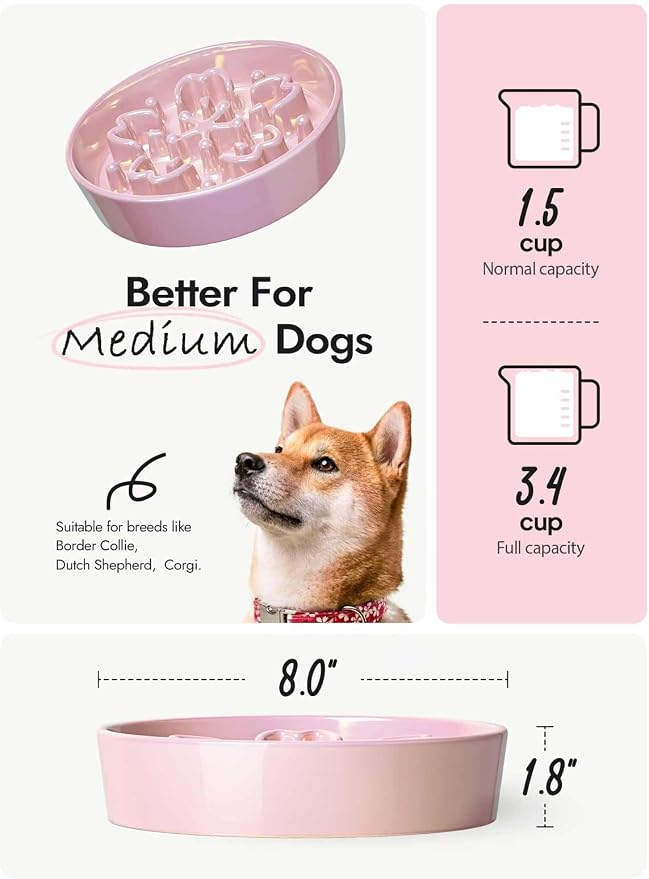 LE TAUCI Dog Bowls Slow Feeder Ceramic, 1.5 Cup Slow Feeding Bowl for Small and Medium Breed, Puzzle Dog Food Bowl for Fast Eater,Sakura Pink