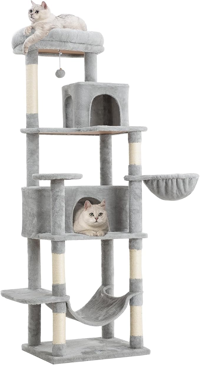 Multi-Level Cat Tree,69 Inches Tall Cat Tower with 2 Plush Condos,Hammock and Plush Perch, Scratching Posts and Pompoms,Gray Cat House for Indoor Cats