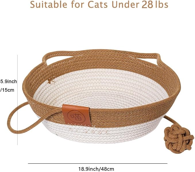 Handwoven Cotton Rope Cat Bed - Breathable & Easy to Clean, Foldable Scratchable Hammock with Cat Ear Design, with a Playing Ball for Kittens - Large Brown