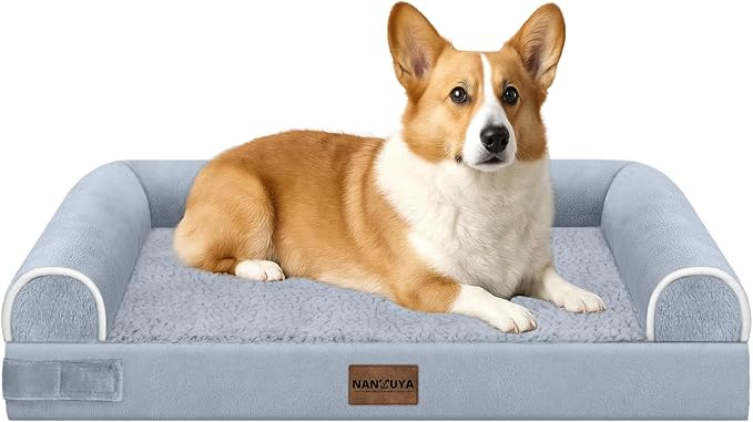 NANUYA Orthopedic Dog Bed for Medium Dogs, 30 x 20 Inch, Light Grey | Egg crate foam for joint support, 3-sided bolster pet sofa, waterproof lining, washable cover, and non-skid base
