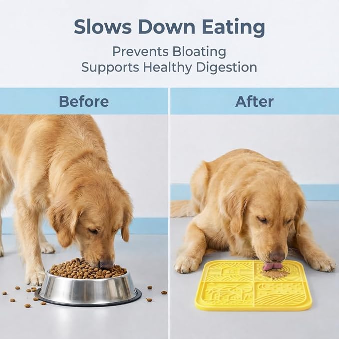 Dog Lick Mat with Suction Cups, 4-Texture Enrichment Slow Feeder for Dogs & Cats, Non-Slip Silicone Licking Pad for Anxiety Relief, Bathing & Training(Yellow)