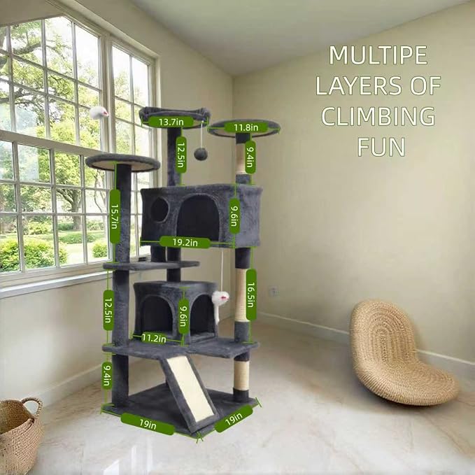 53in Cat Tree House with Scratching Post & 2 Caves for Indoor Cats