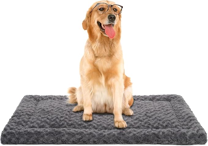 Exsnugy Washable Dog Bed Mat Large Size Fluffy Pet Crate Pad 42x28 XL | Non-Slip Bottom Kennel Beds Ultra Soft Comfy Sleeping Mattress for Large Medium Small Dogs Gray