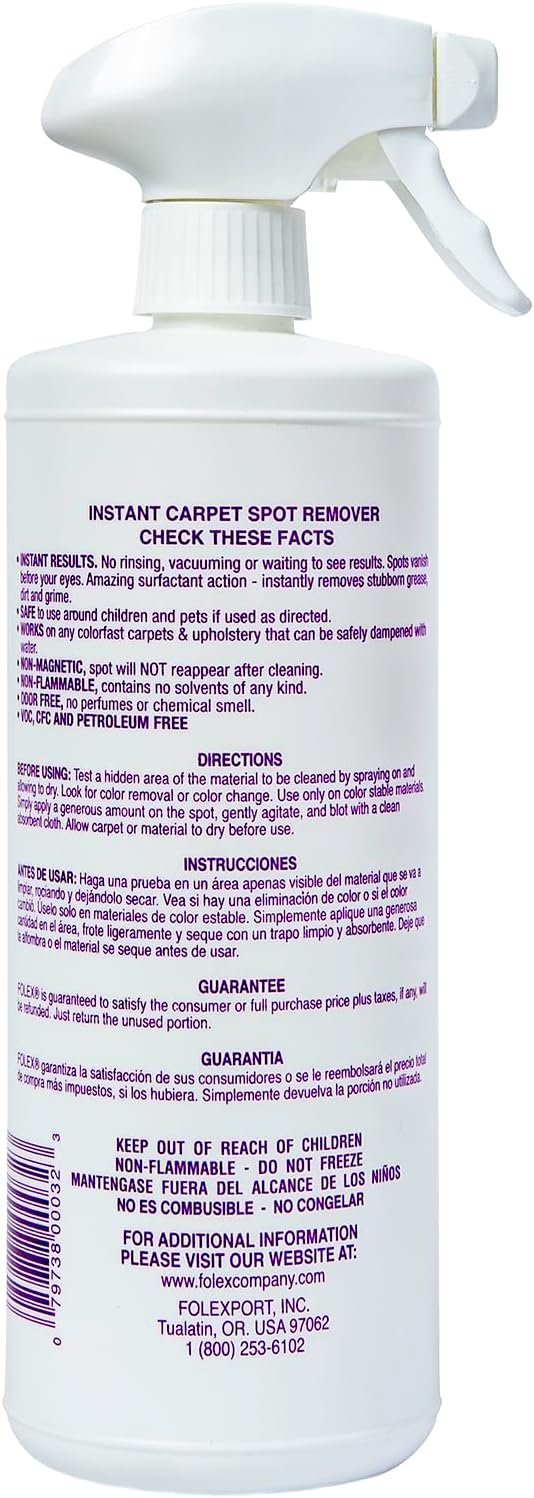 FOLEX Instant Carpet Spot Remover 32 oz – Powerful Stain Remover for Carpets, Upholstery & Rugs – Eliminates Pet Stains, Grease, Red Wine, Food, Makeup & More – With Reusable Cleaning Cloth - 2 Pack