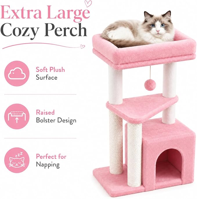 Small Cat Tree Tower for Indoor Cats, 33 Inches Multi-Level Cat Condo with Scratching Posts, Large Perch, Hanging Toy for Large Adult Cats, Pink