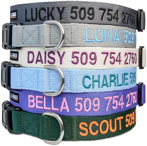 GoTags Personalized Dog Collar, Custom Embroidered with Pet Name and Number