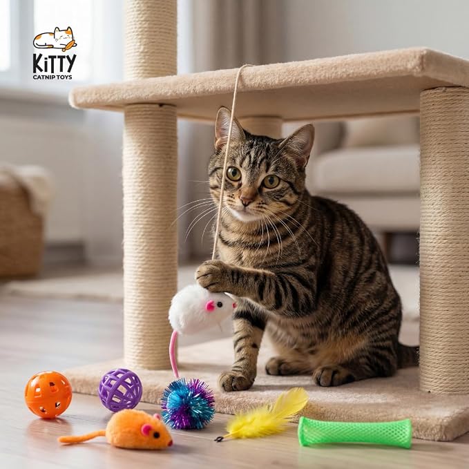 Kitty Catnip Toys- 60 Interactive Cat Toys for Indoor Cats & Kittens – Crinkle Balls, Sparkle Pom Pom Balls, Spiral Springs, Cat Mice, Teaser Wand, Kitten Toys - Variety Pack