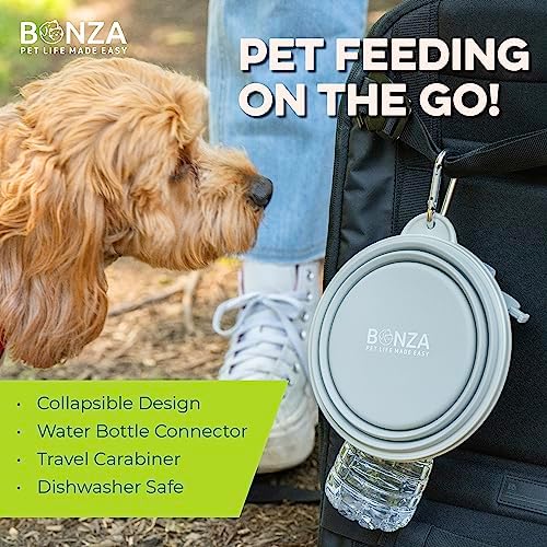 Bonza Collapsible Dog Bowls - Large 33 oz, Dog Travel Accessories, Silicone Portable Dogs Bowl & Water Dish with Reinforced Rim & Carabiner for Hiking, Camping, and Car Trips, Black